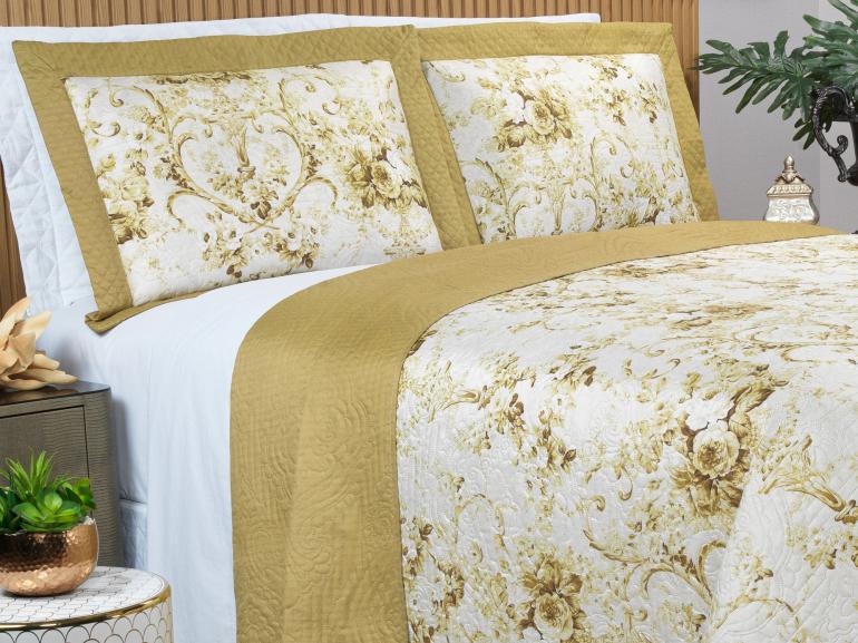 Kit: 1 Cobre-leito Queen Bouti de Microfibra Ultrasonic Estampada + 2 Porta-travesseiros - Adore Gold - Dui Design