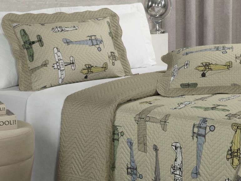 Kit: 1 Cobre-leito Casal Kids Bouti de Microfibra PatchWork Ultrasonic + 2 Porta-travesseiros - Aero Taupe - Dui Design