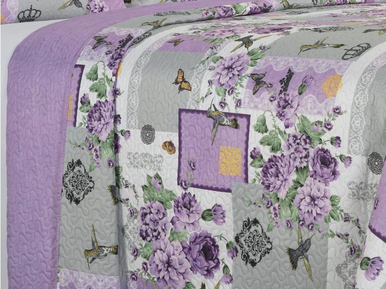 Kit: 1 Cobre-leito Queen Bouti de Microfibra Ultrasonic Estampada + 2 Porta-travesseiros - Alba Lilas - Dui Design