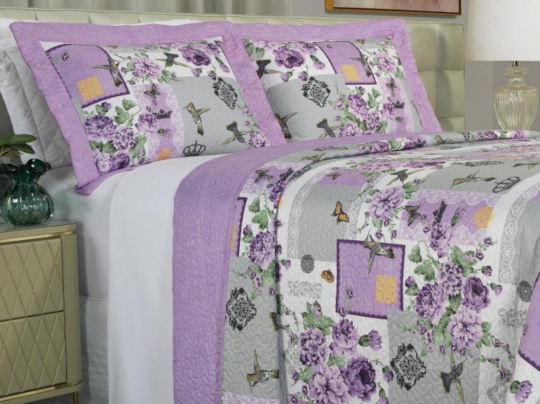 Kit: 1 Cobre-leito Queen Bouti de Microfibra Ultrasonic Estampada + 2 Porta-travesseiros - Alba Lilas - Dui Design