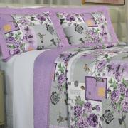 Kit: 1 Cobre-leito Queen Bouti de Microfibra Ultrasonic Estampada + 2 Porta-travesseiros - Alba Lilas - Dui Design
