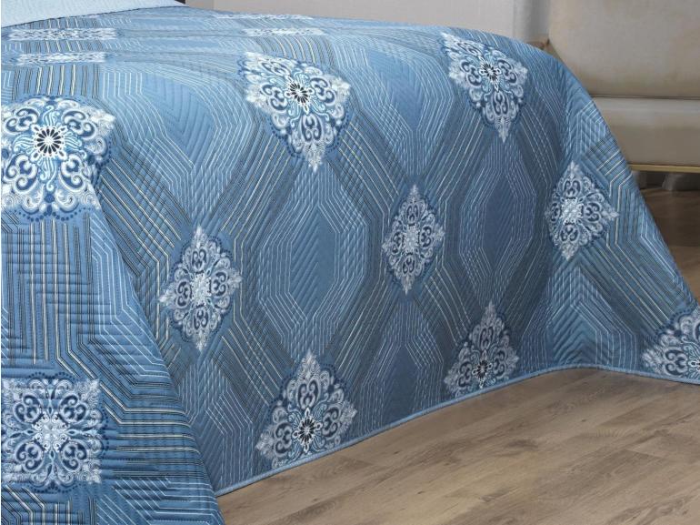 Kit: 1 Cobre-leito Casal Bouti de Microfibra Ultrasonic Estampada + 2 Porta-travesseiros - Alcazar Azul - Dui Design