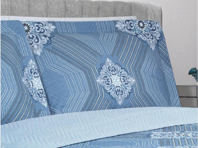 Kit: 1 Cobre-leito Casal Bouti de Microfibra Ultrasonic Estampada + 2 Porta-travesseiros - Alcazar Azul - Dui Design