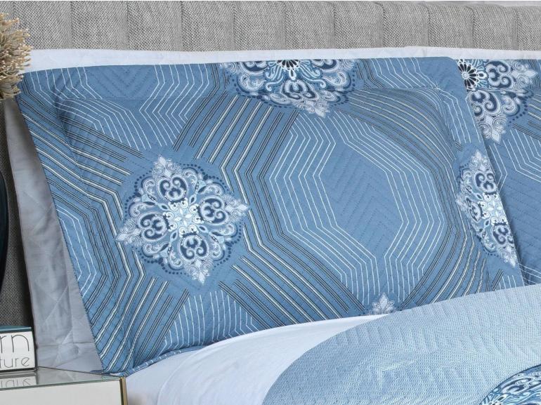 Kit: 1 Cobre-leito Casal Bouti de Microfibra Ultrasonic Estampada + 2 Porta-travesseiros - Alcazar Azul - Dui Design