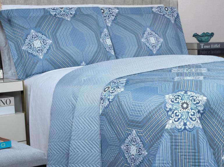 Kit: 1 Cobre-leito Casal Bouti de Microfibra Ultrasonic Estampada + 2 Porta-travesseiros - Alcazar Azul - Dui Design