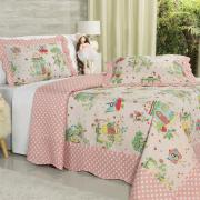 Kit: 1 Cobre-leito Solteiro Kids Bouti de Microfibra PatchWork Ultrasonic + 1 Porta-travesseiro - Alice Rosa - Dui Design