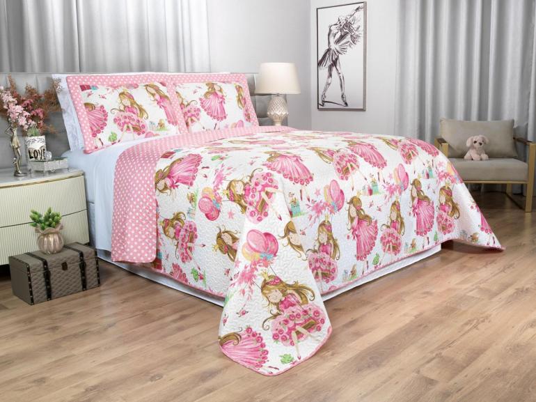 Kit: 1 Cobre-leito Casal Kids Bouti de Microfibra Ultrasonic Estampada + 2 Porta-travesseiros - Amora Rosa - Dui Design