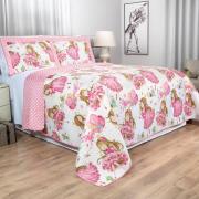 Kit: 1 Cobre-leito Casal Kids Bouti de Microfibra Ultrasonic Estampada + 2 Porta-travesseiros - Amora Rosa - Dui Design