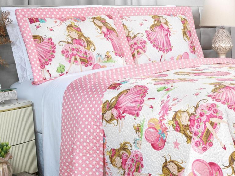 Kit: 1 Cobre-leito Casal Kids Bouti de Microfibra Ultrasonic Estampada + 2 Porta-travesseiros - Amora Rosa - Dui Design