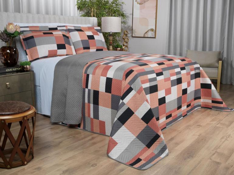 Kit: 1 Cobre-leito Solteiro Bouti de Microfibra Ultrasonic Estampada + 1 Porta-travesseiro - Andorra Terracota - Dui Design