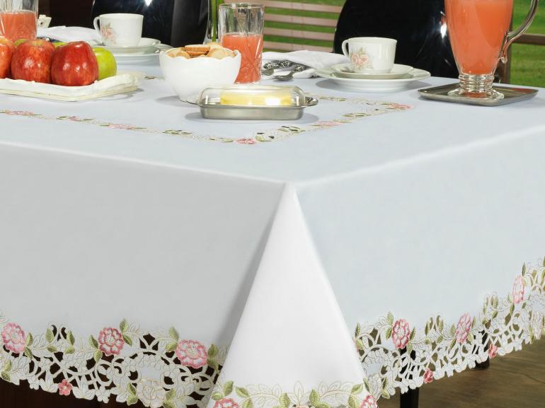Toalha de Mesa com Bordado Richelieu Retangular 6 Lugares 160x220cm - Anelise Branco e Rosa - Dui Design