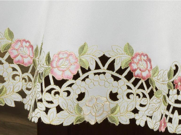 Toalha de Mesa com Bordado Richelieu Redonda 180cm - Anelise Branco e Rosa - Dui Design