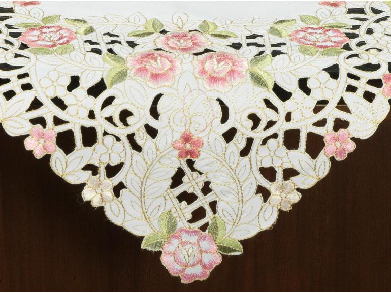 Centro de Mesa Quadrado com Bordado Richelieu 85x85cm - Anelise Branco e Rosa - Dui Design