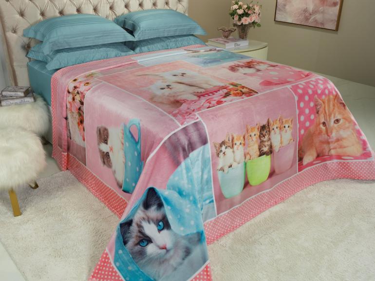 Cobertor Avulso Queen Flanelado com Estampa Digital 260 gramas/m² - Baby Cats - Dui Design
