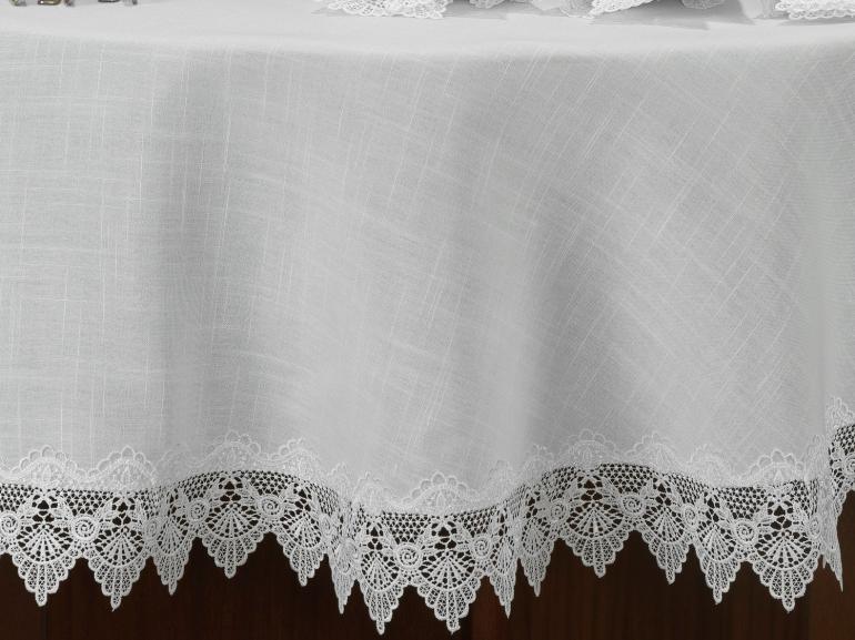 Toalha de Mesa com efeito Linho e com Bordado Guipir Redonda 180cm - Bari Branco e Branco - Dui Design