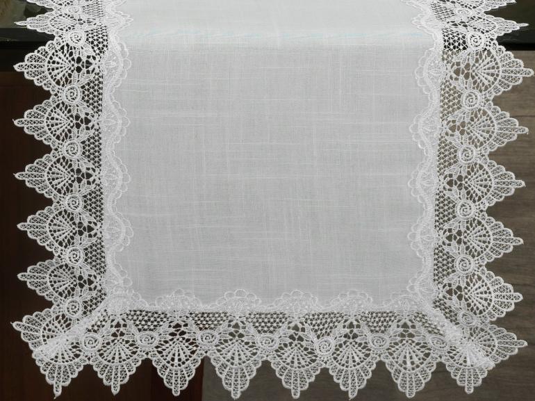 Trilho de Mesa com efeito Linho e com Bordado Guipir 45x170cm Avulso - Bari Branco e Branco - Dui Design