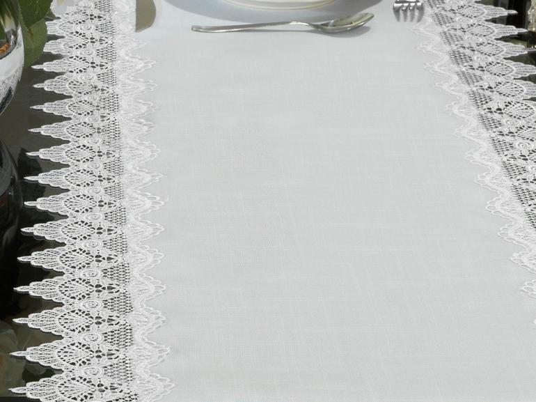 Trilho de Mesa com efeito Linho e com Bordado Guipir 45x170cm Avulso - Bari Branco e Branco - Dui Design