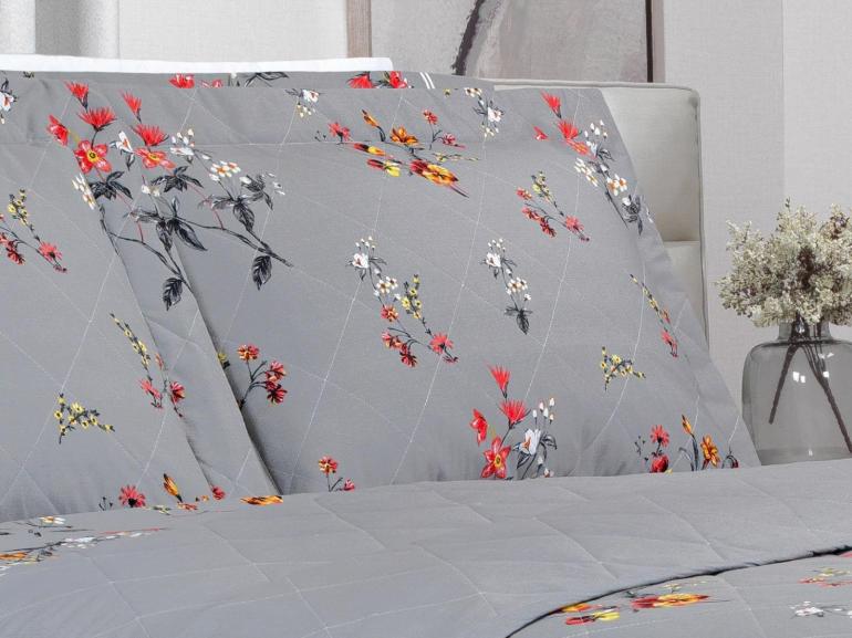 Kit: 1 Cobre-leito Queen + 2 Porta-travesseiros Percal 200 fios - Beatrice Cinza - Dui Design