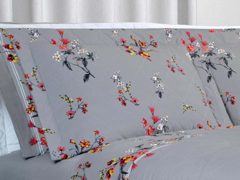 Kit: 1 Cobre-leito Queen + 2 Porta-travesseiros Percal 200 fios - Beatrice Cinza - Dui Design