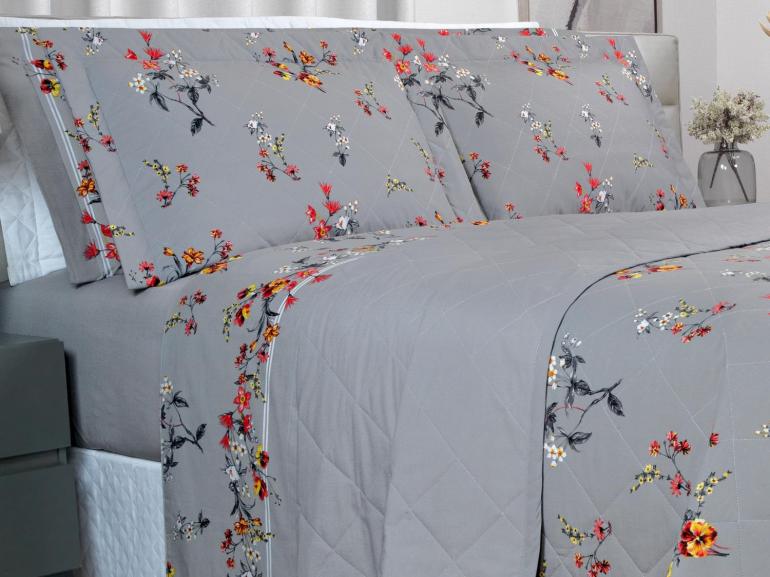 Kit: 1 Cobre-leito Queen + 2 Porta-travesseiros Percal 200 fios - Beatrice Cinza - Dui Design