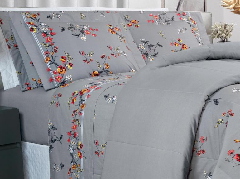 Enxoval Casal com Edredom 5 pe�as Percal 200 fios - Beatrice Cinza - Dui Design