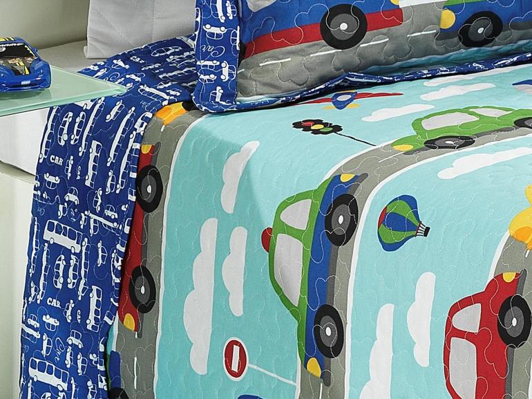 Kit: 1 Cobre-leito Solteiro Kids Bouti de Microfibra PatchWork + 1 Porta-travesseiro - Beep Azul - Dui Design