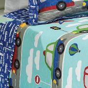 Kit: 1 Cobre-leito Solteiro Kids Bouti de Microfibra PatchWork + 1 Porta-travesseiro - Beep Azul - Dui Design