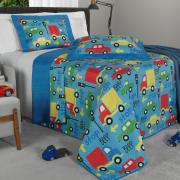 Kit: 1 Cobre-leito Solteiro Kids Bouti de Microfibra PatchWork Ultrasonic + 1 Porta-travesseiro - Beep Azul - Dui Design