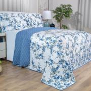 Kit: 1 Cobre-leito Queen Bouti de Microfibra Ultrasonic Estampada + 2 Porta-travesseiros - Blossom Azul - Dui Design