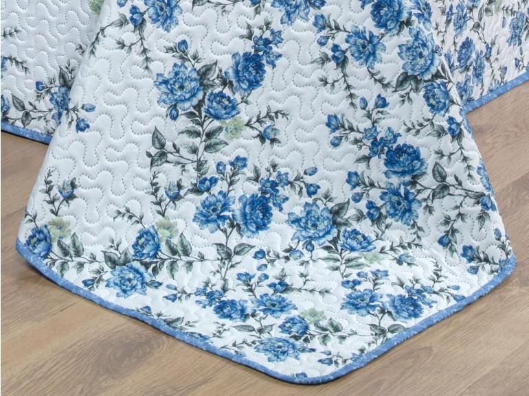 Kit: 1 Cobre-leito Queen Bouti de Microfibra Ultrasonic Estampada + 2 Porta-travesseiros - Blossom Azul - Dui Design