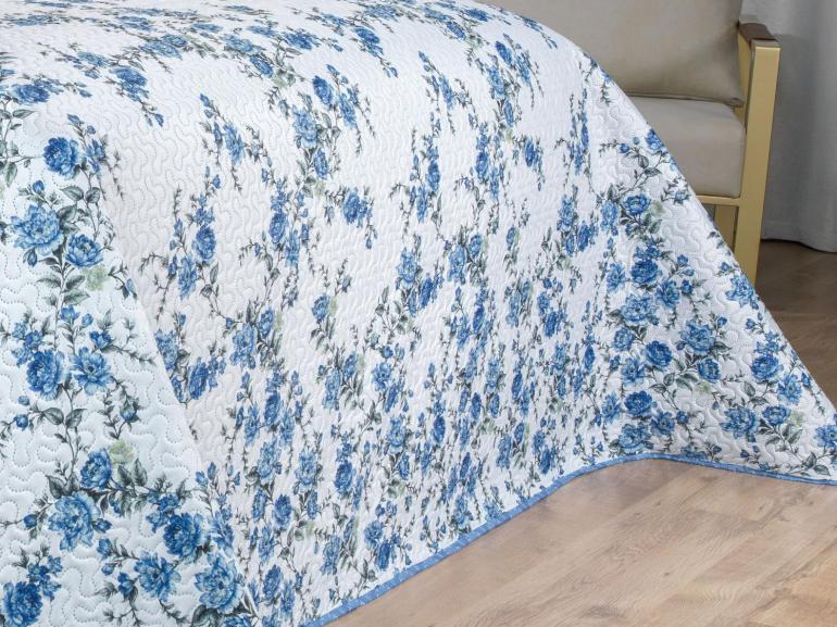 Kit: 1 Cobre-leito Queen Bouti de Microfibra Ultrasonic Estampada + 2 Porta-travesseiros - Blossom Azul - Dui Design