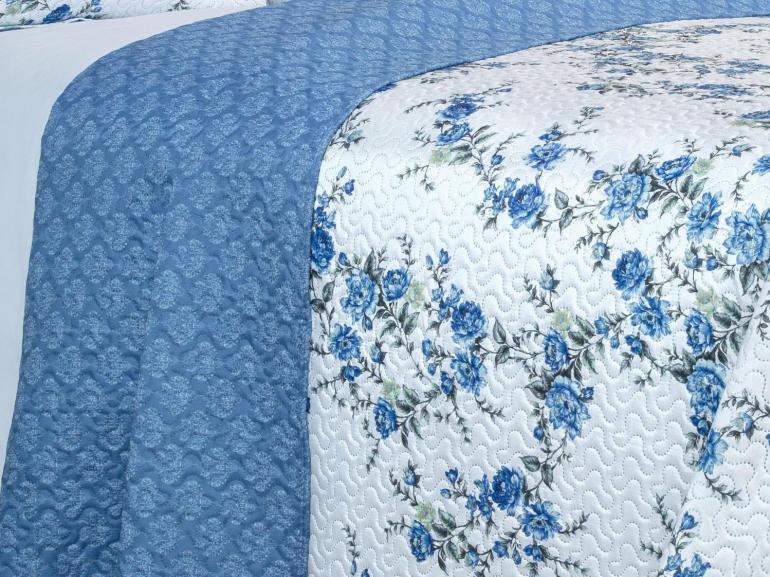 Kit: 1 Cobre-leito Queen Bouti de Microfibra Ultrasonic Estampada + 2 Porta-travesseiros - Blossom Azul - Dui Design