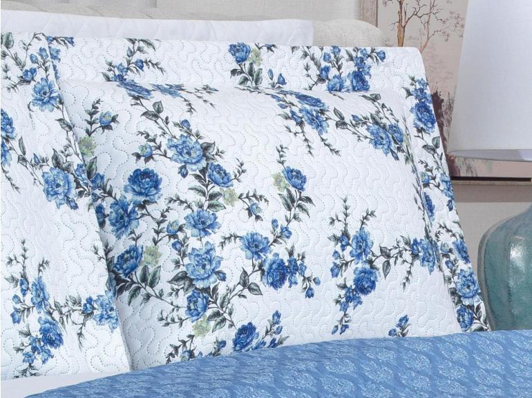 Kit: 1 Cobre-leito Queen Bouti de Microfibra Ultrasonic Estampada + 2 Porta-travesseiros - Blossom Azul - Dui Design