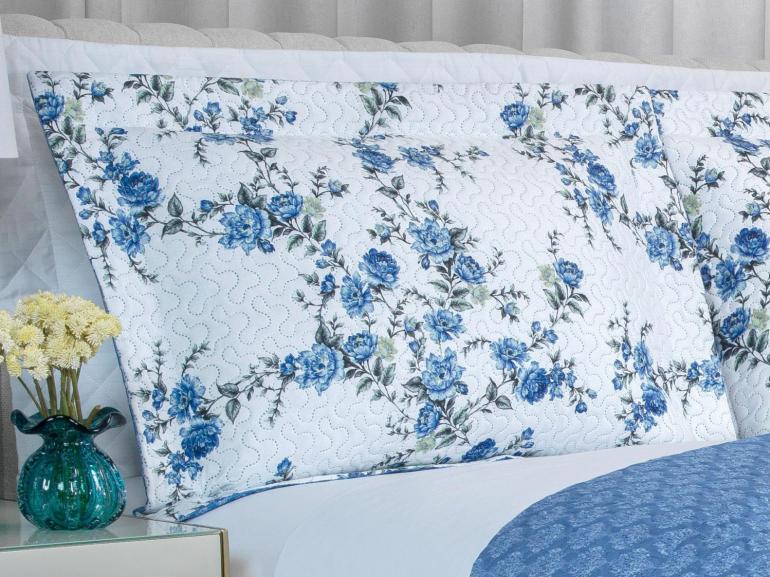 Kit: 1 Cobre-leito Queen Bouti de Microfibra Ultrasonic Estampada + 2 Porta-travesseiros - Blossom Azul - Dui Design