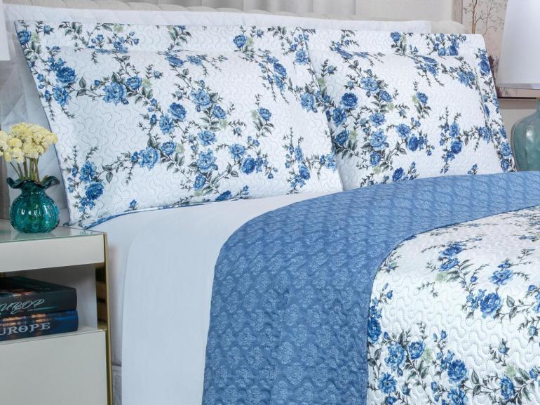 Kit: 1 Cobre-leito Queen Bouti de Microfibra Ultrasonic Estampada + 2 Porta-travesseiros - Blossom Azul - Dui Design