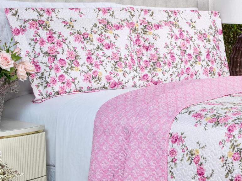 Kit: 1 Cobre-leito Queen Bouti de Microfibra Ultrasonic Estampada + 2 Porta-travesseiros - Blossom Rosa - Dui Design