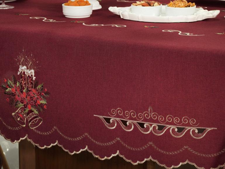 Toalha de Mesa Natal com Bordado Richelieu Retangular 8 Lugares 160x270cm - Boas Festas Vermelho - Dui Design