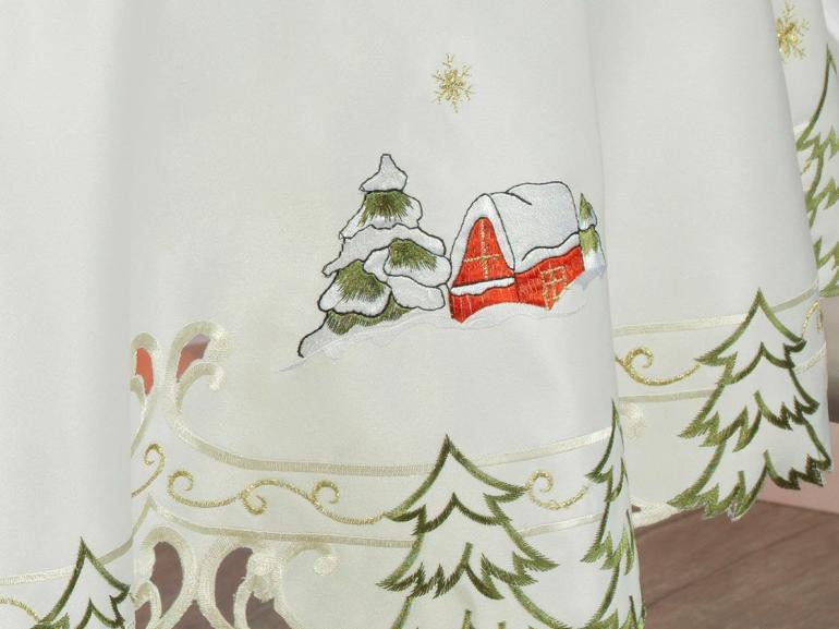Toalha de Mesa Natal com Bordado Richelieu Redonda 175cm - Bom Natal Natural - Dui Design