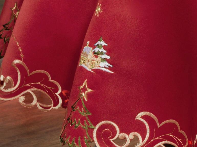 Toalha de Mesa Natal com Bordado Richelieu Redonda 175cm - Bondade Vermelho - Dui Design