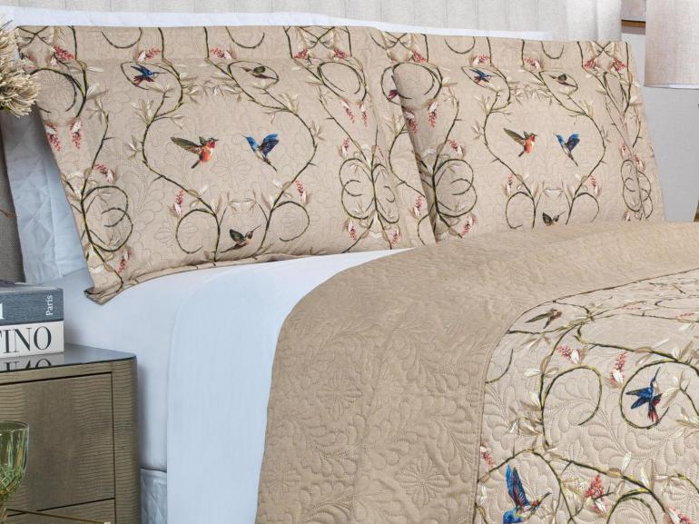 Kit: 1 Cobre-leito Solteiro Bouti de Microfibra Ultrasonic Estampada + 1 Porta-travesseiro - Bonny Bege - Dui Design