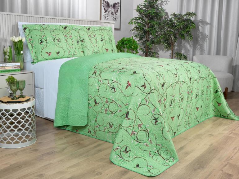 Kit: 1 Cobre-leito Casal Bouti de Microfibra Ultrasonic Estampada + 2 Porta-travesseiros - Bonny Verde - Dui Design