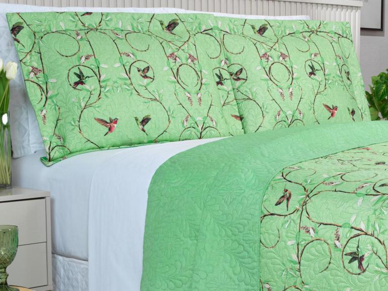 Kit: 1 Cobre-leito Casal Bouti de Microfibra Ultrasonic Estampada + 2 Porta-travesseiros - Bonny Verde - Dui Design