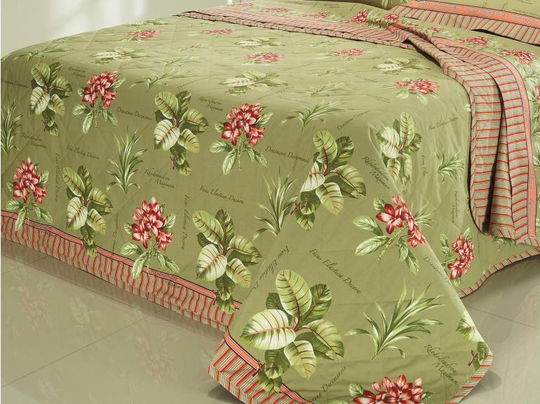 Kit: 1 Cobre-leito Casal + 2 Porta-travesseiros Percal 200 fios 100% Algodo - Botanic Verde - Dui Design