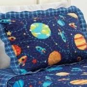 Kit: 1 Cobre-leito Solteiro Kids Bouti de Microfibra PatchWork + 1 Porta-travesseiro - Space Azul - Dui Design
