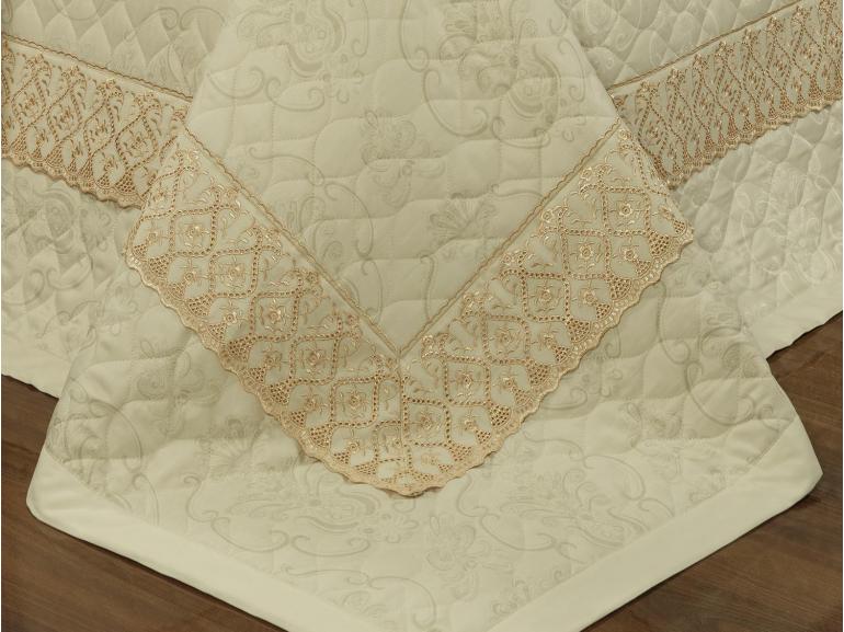 Kit: 1 Cobre-leito Solteiro + 1 porta-travesseiro Cetim de Algodo 300 fios Jacquard com Bordado Ingls - Bruxelas Marfim e Gold - Dui Design