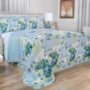 Kit: 1 Cobre-leito Queen Bouti de Microfibra Ultrasonic Estampada + 2 Porta-travesseiros - Carmem Azul- Dui Design