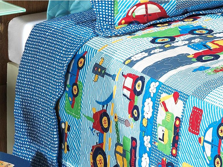 Kit: 1 Cobre-leito Solteiro Kids Bouti de Microfibra PatchWork + 1 Porta-travesseiro - Carrinhos Marinho - Dui Design