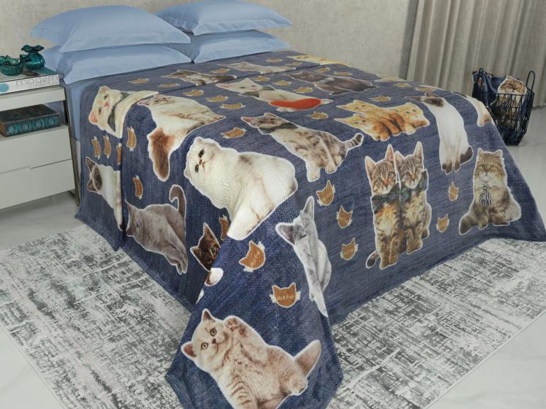 Cobertor Avulso Casal Flanelado com Estampa Digital 260 gramas/m² - Cat Jeans - Dui Design