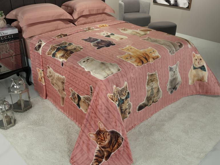 Cobertor Avulso Casal Flanelado com Estampa Digital 260 gramas/m² - Cat Tricot Rosa - Dui Design