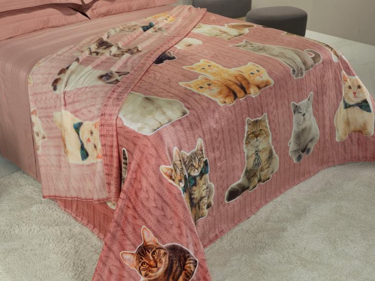 Cobertor Avulso Casal Flanelado com Estampa Digital 260 gramas/m² - Cat Tricot Rosa - Dui Design